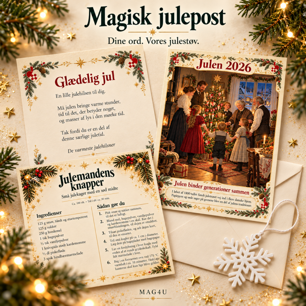 Magisk julehilsen fra MAG4U med personlig hilsen, opskriftskort, julepostkort og 3D-printet julevedhæng