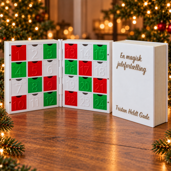 Personlig julekalender med navn fra MAG4U formet som en hvid bog med 24 kasser i hvid, grøn og rød